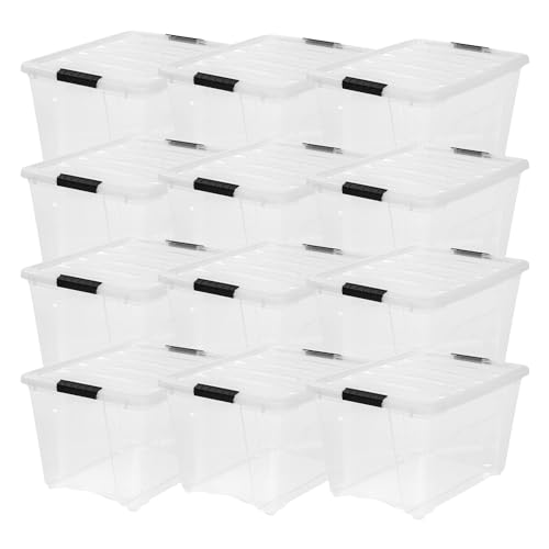 IRIS USA 54 Qt Stackable Plastic Storage Bins with Lids, 12 Pack - BPA-Free, Made in USA - See-Through Organizing Solution, Latches, Durable Nestable Containers, Secure Pull Handle - Clear - color: Clear, size: 54 Qt, style: 12 Pack