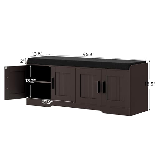 Homleke 2-Tier Storage Bench, Shoe Bench with Thickened Padded Seat Cushion, Entryway Bench with 4 Doors, Adjustable Shelf, 13.8" D x 45.3" W x 18.5" H, for Entryway, Living Room, Bedroom, Brown - color: Brown, size: 45.3"