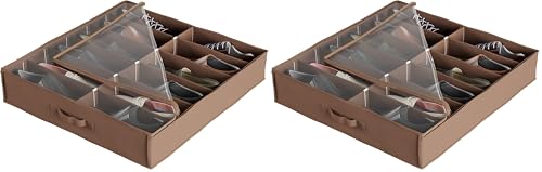 Everyday Home Under Bed Storage Shoe Organizer Bag with Clear Plastic Zippered Cover, Stores 12 Pairs of Shoes (Brown) (Pack of 2) - size: 2 pack