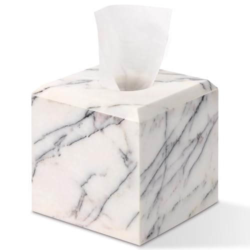 Natural Marble Square Tissue Box Cover,Stone Modern Decorative Sturdy Napkin Box Holder Case,Facial Paper Organizer for Bathroom Vanity Toilet Countertop,Kitchen (1, Lilac, 5.71 * 5.71 * 5.51) - color: Lilac