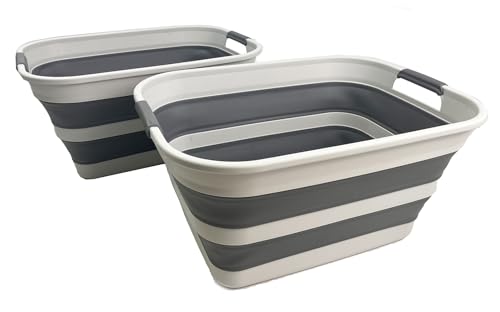 SMMART Collapsible Plastic Laundry Basket with Handle/Foldable Pop Up Storage Hamper/Portable Laundry Organizer-Space Saving Washing Tub/Household Storage Supplies (Grey/Steel Grey, 27L (Set of 2)) - color: Grey/Steel Grey, size: 27L (Set of 2)