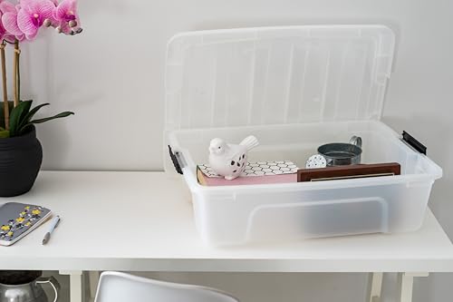 IRIS USA 27 Qt Stackable Plastic Storage Bins with Lids, 6 Pack - BPA-Free, Made in USA - Discreet Organizing Solution, Latches, Durable Nestable Containers, Secure Pull Handle - Pearl - size: 27 Qt, style: 6 Pack