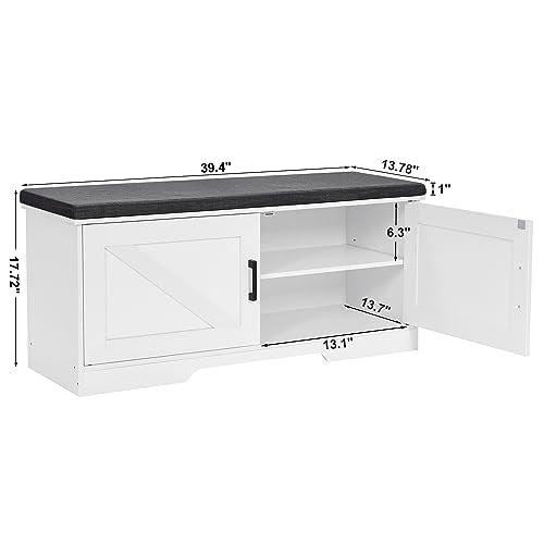HOMSHO 2-Tier Storage Bench, 39.4" Wide Shoe Bench with Padded Seat Cushion, Entryway Bench with 2 Barn Doors and Adjustable Shelf, White - color: White, size: 39.4" Wide