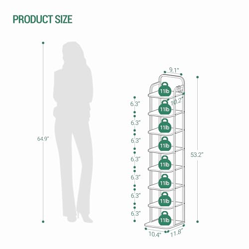 Hzuaneri 8 Tiers Vertical Shoe Rack, Narrow Shoe Tower, Tall Shoes Shelf with 2 Hooks, Adjustable Shelves, Corner Shoes Shelves for Small Spaces, Entryway, Living Room, Greige SR04305B - color: Greige and Black, size: 8 Tier(11.8"D x 10.4"W x 53.2"H)