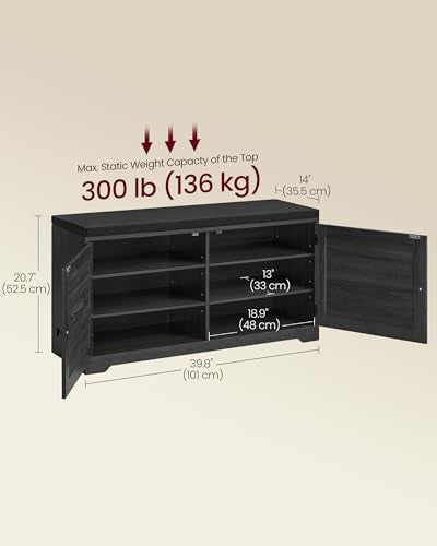 VASAGLE Shoe Storage Bench with Cushion, 3-Tier Entryway Bench with Padded Seat, Doors, Adjustable Shelves, 14 x 39.8 x 20.7 Inches, for Hallway, Bedroom, Charcoal Gray and Ink Black ULSB044B01 - color: Charcoal Gray + Ink Black, size: 14"D x 39.8"W x 20.