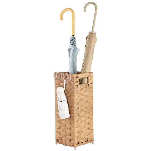 Rattan Umbrella Stand, Umbrella Holder for Entryway, Hand Woven Umbrella Rack Organizer Freestanding, with a Detachable Drip Tray, 4 Hooks, 6.5" L x 6.5" W x 16.5" H, Natural - color: Natural, size: S(6.5" L x 6.5" W)