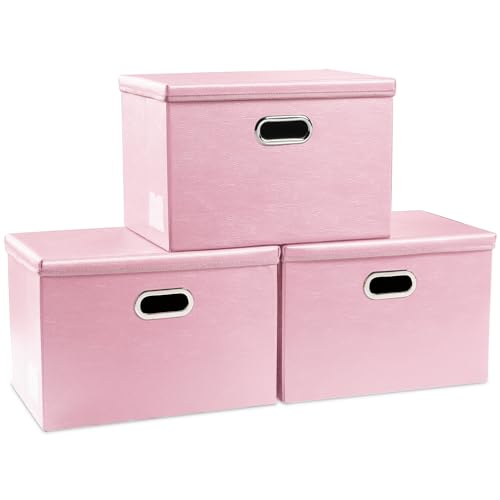 PRANDOM Collapsible Storage Bins with Lids [3-Pack] Leather Fabric Foldable Storage Boxes Organizer Containers Baskets Cube with Cover for Bedroom Closet Office Nursery Pink (14.9x10.8x10) - color: Pink, size: Medium(3-Pack)