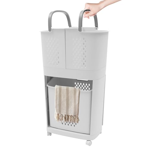 2 Tier Vertical Rolling Laundry Cart, with 3 Removable PP Hollowed Out Laundry Hampers for Laundry, Towels, Blankets and Bathroom Organization, 17.32 x 12.2 x 29.13 inch