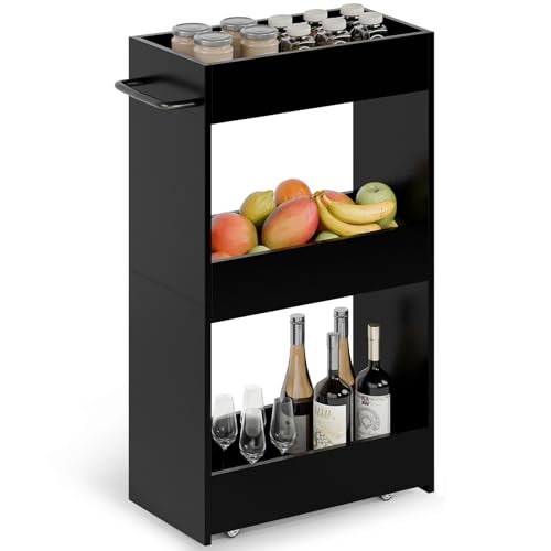 MARTY Wood Rolling Storage Cart 7.9" W, 3 Tier Slim Utility Kitchen Cart on Wheels Laundry Room Bathroom Organizers Narrow Shelves with Handle Mobile Shelving Unit for Small Places, Black - color: Black