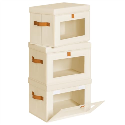 Homsorout Small Fabric Storage bins - Collapsible Storage Bins with Open Window, 3 Pack Closet Baskets for Shelves, Stackable Decorative Boxes for Home, Dorm, Beige, 13.7"x 9.8" x 9.8" - color: Beige, size: Small - 3 Pack