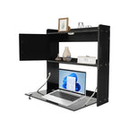 Wall Mounted Folding Desk with LED Light, Space-Saving Laptop Table for Home Office, Writing Workstation with Storage Shelves and Drawer, Floating Cabinet, 58x20x60cm (Black) - color: Black