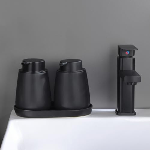 Matte Black Round Soap Dispenser Tray - 8'' Ceramic Vanity Tray for Bathroom Decorative, Jewelry Ring Dish, Comestic Holder, Kitchen Sink Countertop Organizer Plate - color: Black