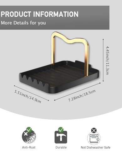 Anti-Rust Metal Spoon Rest with Lid Holder, Heat-Resistant Pot Lid Rest, Multifunctional Spatula Holder While Cooking for Stovetop and Kitchen Counter – Black Gold - color: GOLDBLACK