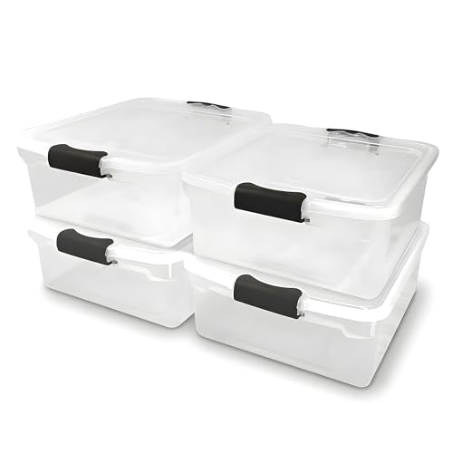 HOMZ 4-Pack 15.5 Quart Latching Lid, Clear Plastic Storage Organizer Bins, Gray – Stackable Containers for Home & Office Shelves, Kitchen, Garage, and Bathroom Organization - color: Gray, size: 15.5 QT (4 Pack)