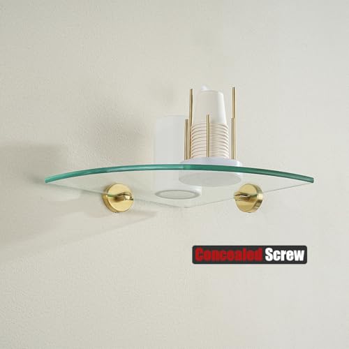 JQK Corner Glass Shelf, Brushed Gold Bathroom 304 Stainless Steel Shower Triangle Floating Wall Shelf, 10 x 10 Tempered Glass, 2 Pack TGS190L10-BG-P2 - color: Gold, size: 2 Pack