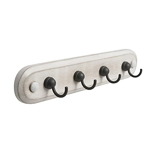 Spectrum Farmhouse Key Holder Wall Mount Rack for Entryway Garage Mudroom Hanging Organization, Easy Install Rustic Key Ring Holder Rack for Keychains Rings & Fobs, White Washed with Black Hooks