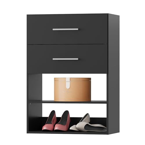 2 Drawer Short Tower Closet Unit, Modular Closet System, Wood Closet System Organizer with Storage for Walk In Closets, Clothing Rack Closet for Hanging Clothes, Bedroom, Black, 19.5"W - color: Black, size: 19.5" Wide, style: 2 Drawer Short Tower