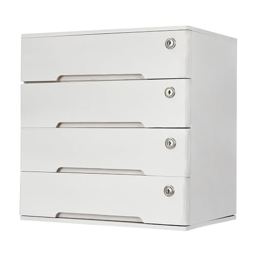 4-Tier Desk Organizer with Lockable Drawers, 4 pairs of Keys, Wooden Desktop Storage Box, Categorized Storage Desktop File Cabinet(White) - color: White-4 Tiers