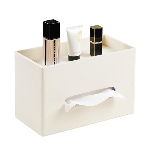 Plus Size Tissue Box Cover Rectangle, PU Leather Tissue Box Holder with Storage Tray, Decorative Organizer Tissue Holder for Bathroom, Bedroom Dresser, Night Stand, Office (Beige) - color: Beige