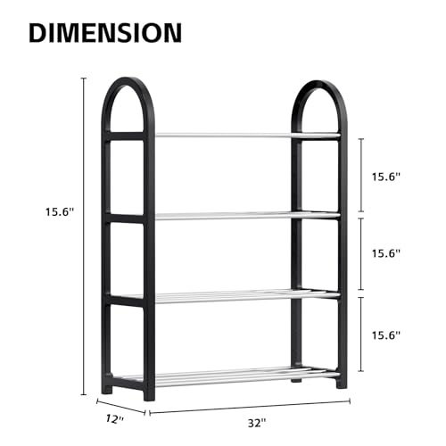 APEXCHASER 4-Tier Metal Shoe Rack, Small Shoe Organizer for Entryway & Closet, Free-Standing Adjustable Shoe Storage Shelf, Space-Saving Shoe Rack Closet, 19.29" D x 7.28" W x 25.59" H, Black
