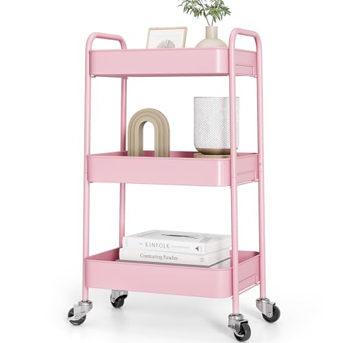 TOOLF 3-Tier Rolling Cart - Metal Utility Storage Organizer with Lockable Wheels, 33 lbs Per Shelf, Tool-Free 5-Min Assembly, for Kitchen Bathroom Office Nursery Craft Room, Pink - color: Pink, size: 3-Tier