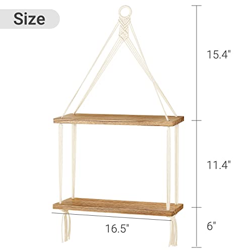 Mkono Macrame Hanging Shelf Boho Wall Decor 2 Tier Handmade Cotton Rope Rustic Wood Floating Shelves Display Photos Plants Hanging Storage Shelving for Living Room Nursery Bathroom Bedroom