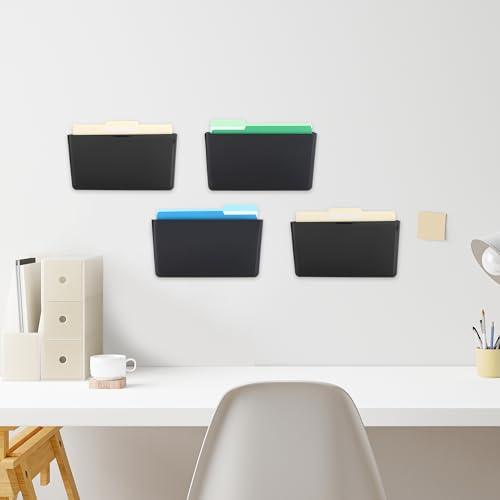 EASEPRES 4 Pack Black Single Pocket Hanging File Organizer, Plastic Wall Mount Paper Mails Magazines Holder, Mounted Folder Bins for Office, School and Home, 12.99x4.13x7.48 inches - color: Black, size: 4 Pack