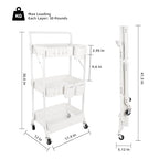 3-Tier Folding Rolling Utility Cart with Wheels, Foldable Storage Cart Organizer with 3 Hanging Cups & 6 Hooks for Kitchen, Office, Living Room, Nursery(White) - color: White
