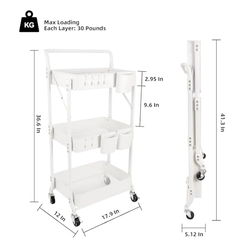 3-Tier Folding Rolling Utility Cart with Wheels, Foldable Storage Cart Organizer with 3 Hanging Cups & 6 Hooks for Kitchen, Office, Living Room, Nursery(White) - color: White