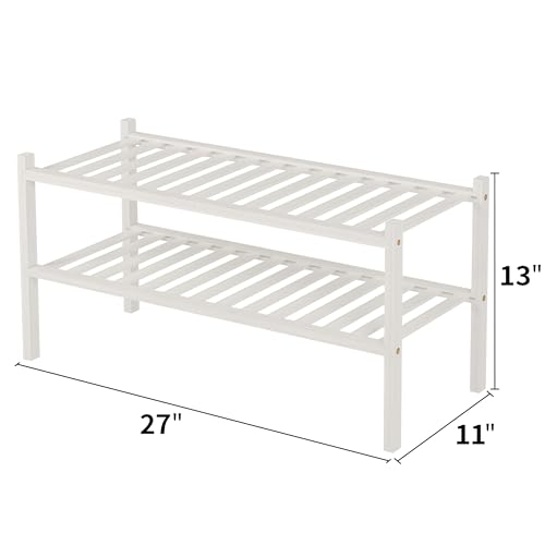 ROMGUAR CRAFT 2 Tier Bamboo Shoe Rack for Closet Free Standing Wood Shoe Shelf for Entryway Small Space Stackable 27"x11"x13" (White) - color: White, size: 2 Tier