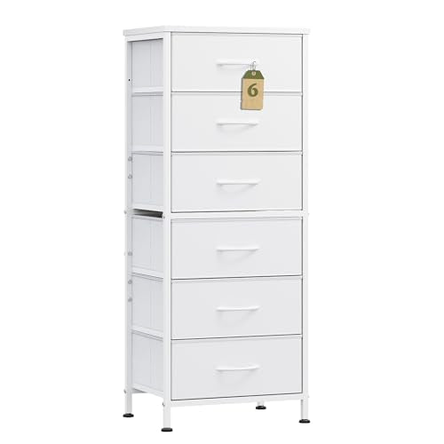 WLIVE Tall White Dresser for Bedroom, 6 Drawer Vertical Fabric Dresser, Skinny Chest of Drawers for Closet, Narrow Storage Tower with Wood Top and Metal Frame, Tall Nightstand for Small Spaces - color: White, size: 11.73"D x 15.67"W x 39.37"H