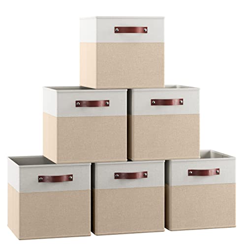Ornavo Home 11 x 11 Storage Cube Bins, Foldable Collapsible Fabric Storage Bins Box Linen Shelf Basket Cube Organizer for Closet with Leather Handles, 6 Pack, White/Khaki - color: White/Khaki, size: Cube - 11 x 11 x 11