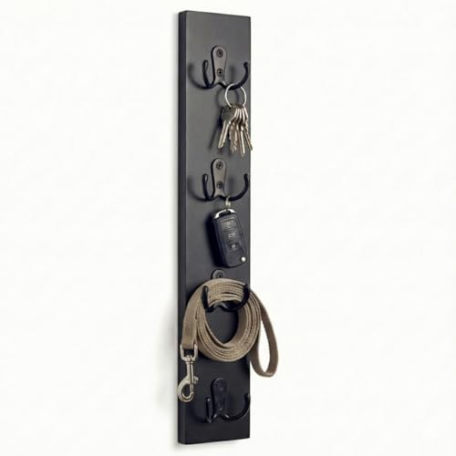 Vertical Key Holder for Wall & Dog Leash Holder – Solid Wood Wall Mount Key Rack with 8 Hooks – Small Space Saving Entryway Organizer for Keys, Lanyards, Masks (Adhesive or Screws) (Black) - color: Black