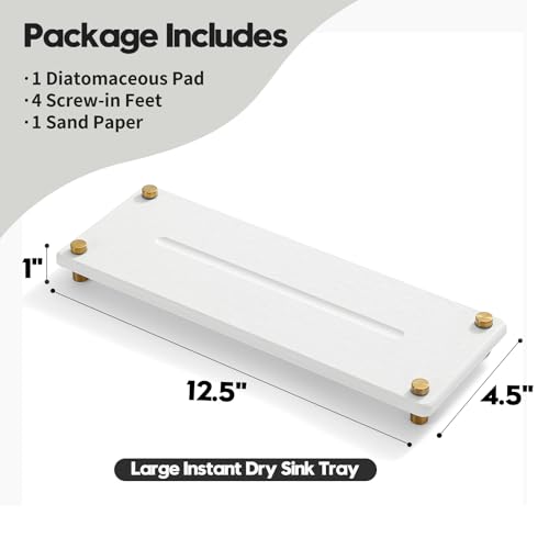 White Gold Dish Drying Rack Tray, Water Absorbing Stone Sink Caddy Kitchen Sink Organizer, Diatomite Bathroom Counter Faucet Mat Coaster, Soap Riser Dispenser Sponge Holder, White 12.5" x 4.5" - color: White - Gold, size: 12.5" x 4.5" x 1"