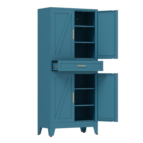 COFaR 71'' Tall Metal Pantry Cabinet with Drawer, Kitchen Storage Cabinet with 4 Doors and Shelves, Freestanding Farmhouse Food Cupboard for Kitchen Dinning Room Garage, Peacock Blue 6-Tier - color: Peacock Blue, size: 71 Tall 4 Doors 1 Drawer-Tree Door