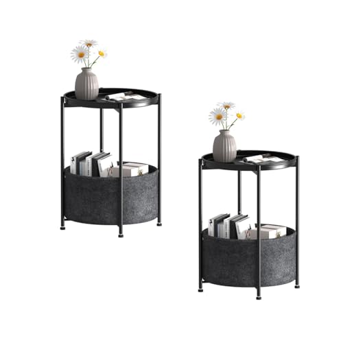 Garden 4 you Small Side Table, Mini Round End Table, Black Tray Table with Fabric Storage Basket, Modern Nightstand for Living Room, Bedroom, Patio, Small Space, 2pcs - color: Black With Basket, size: 2 PCS