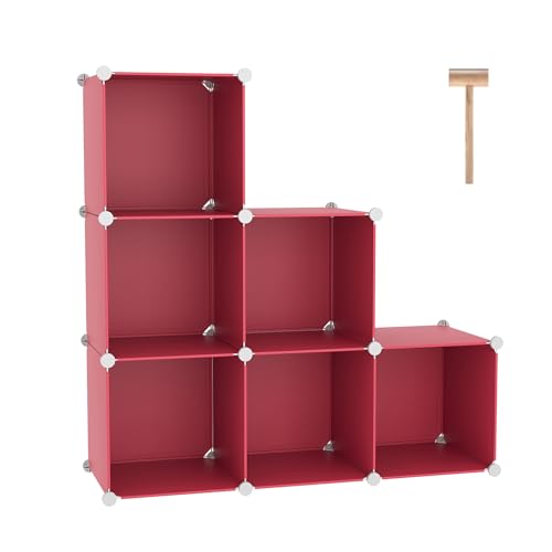 C&AHOME 6-Cube Storage Organizer, Stackable Storage Cubes Shelves, Portable Bookshelf, Plastic Clothing Storage Closet Organizer, DIY Modular Shelving Units for Wardrobe, Home, Red - color: Red