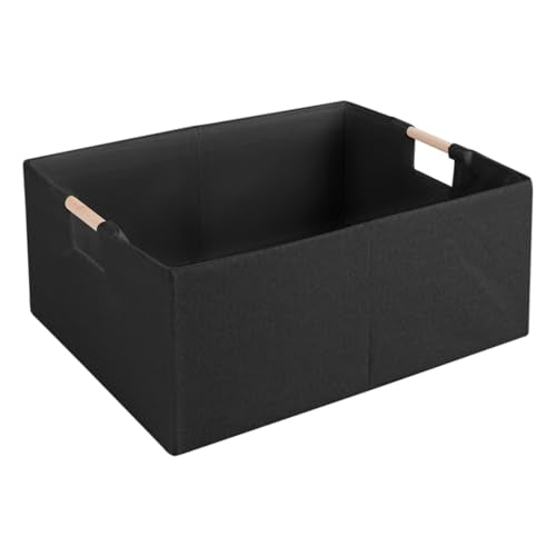 Fabric Storage Bin Box Foldable Cotton Linen Storage Basket with Wooden Handles Rectangular Cube Decorative Home Laundry Organizer Clothes Blanket Container – Black, Small - color: Black, size: Small