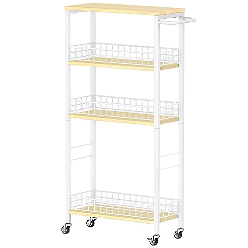 Slim Storage Cart White Narrow Storage Cabinet 4 Tier Laundry Room Organization Mobile Bathroom Shelving Unit Organizer Rolling Utility Cart Slide Out Kitchen Cart Tower Rack for Narrow Places 7.08’’W - color: White