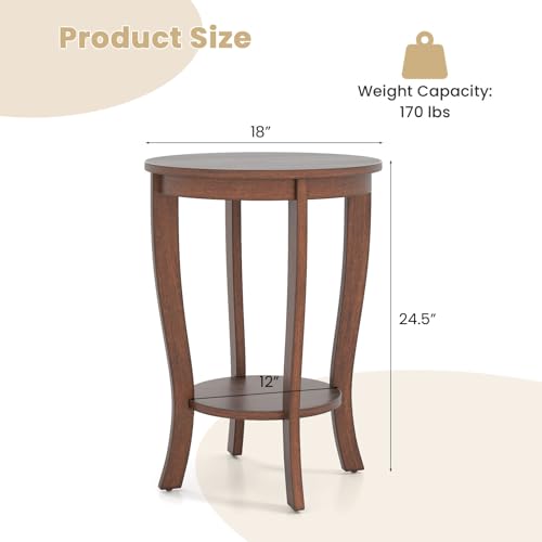 GOFLAME 2-Tier Round End Table, 18” Sofa Side Table with Storage Shelf, Floor Tea Table with Solid Wood Legs, Compact Nightstand for Small Space, Living Room, Bedroom, Walnut - color: Walnut