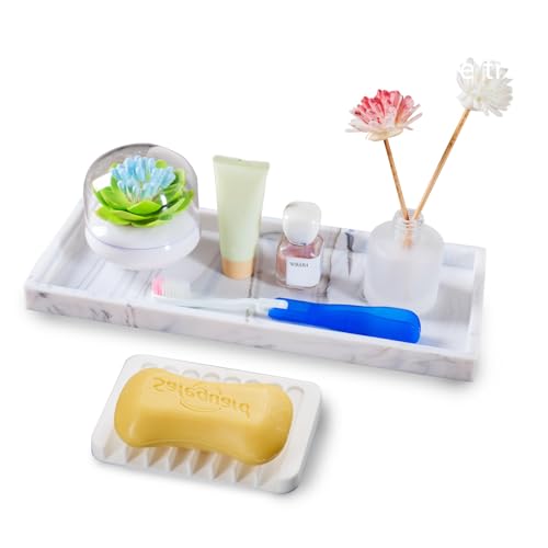 Bloss Bathroom Counter Marble Tray and Soap Holder - 15.7x5.9 inch Silicone Bathroom Vanity Trays, Marble Tray for Kitchen Counter, Toilet Tank Tray,Trays for Perfume, Jewelry,Candle, Key - color: Marble White, size: 15.7" x 5.9" x 0.9"