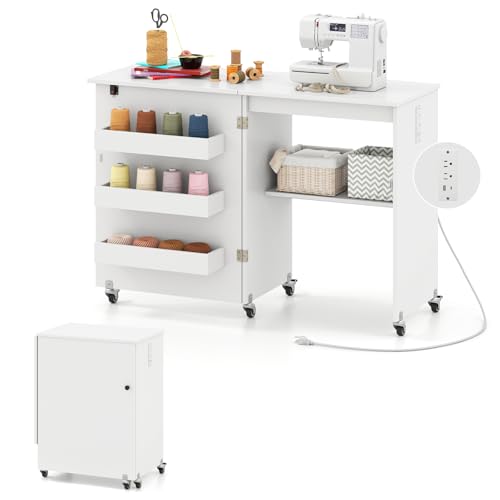Giantex Folding Sewing Table with Charging Station, Rolling Craft Table with Storage Trays & Shelf, Foldable Sewing Machine Cabinet Desk with Lockable Wheels for Small Spaces (White) - color: White