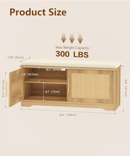 Rattan Shoe Storage Bench with Cushion, 39.4" Wide Entryway Bench with Adjustable Shelf, Hidden Shoe Organizer Cabinet, for Hallway, Living Room, Bedroom, Natural Oak