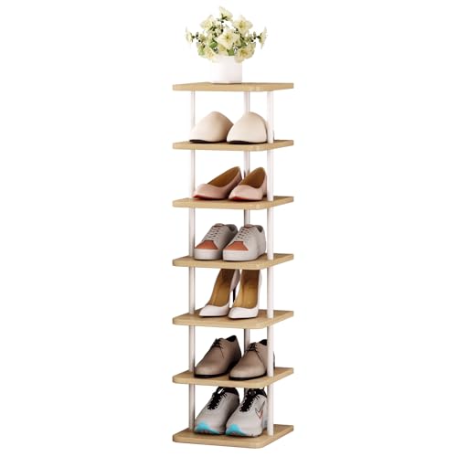 SORCEDAS 7 Tiers Vertical Shoe Rack Wooden Shoe Storage Organizer for Space Saving Narrow Shoe Shelf Storage 7 Pairs for Entryway Living Room Bedroom(White+Oak) - color: White, size: 7 Tier-Standard
