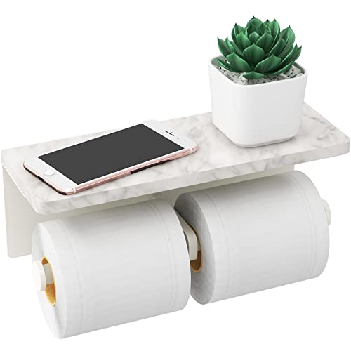 White Toilet Paper Holder with Shelf, New Upgrade Double Toilet Paper Holder with Storage, Marble Roll Toilet Paper Wall Mount for Bathroom Washroom - color: White, size: 2 Roll