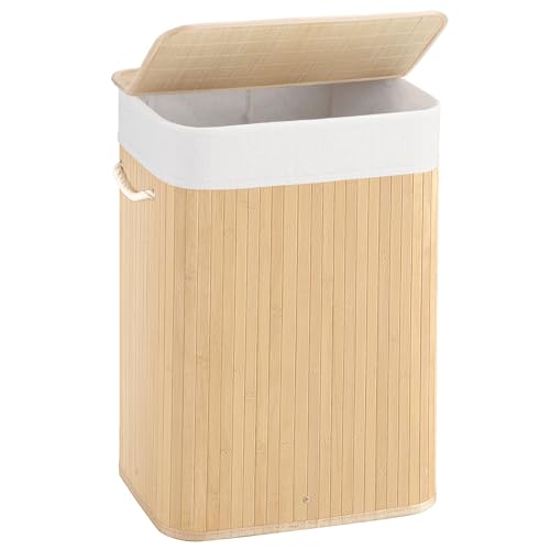 Aliphon 72L Slim Laundry Hamper with Lid, Foldable Bamboo Clothes Laundry Basket with Handles, Removable and Machine Washable Liner, for Bedroom, Bathroom, Dorm, Natural Beige - color: Natural Beige, size: 72L