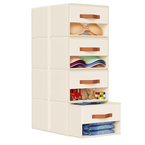 DIMJ Closet Organizers and Storage - Fabric Bins with Drawers for Closet Foldable Clothes Organizers with Clear Window, Stackable Storage Drawers Units for Bedroom, Living Room, Medium 4-Pack, Beige - color: Beige, size: Medium - 4 Pack