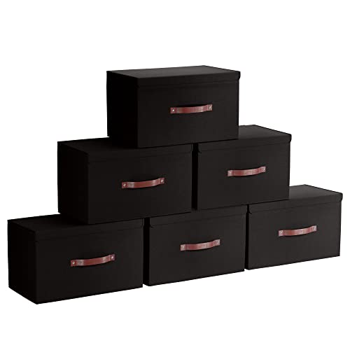 Ornavo Home 6 Pack Collapsible Storage Bins with Lid, Foldable Linen Fabric Shelf Storage Basket Closet Organizer and Large Storage Box for Clothes with Leather Handles, 16.5 x 11.8 x 7.5, Black - color: Black, size: XLarge - 6 Pack