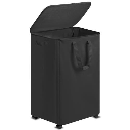 Vincona Slim Laundry Hamper with Lid and Wheels, Small Rolling Laundry Basket with Handle for Small Spaces, Tall Dirty Clothes Hampers for Dorm, Bathroom and Bedroom, 95L Black - color: Black, size: 95L
