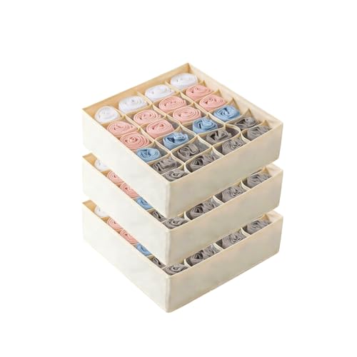 Beige 24 Grid 3 Pack Foldable Underwear Sock Storage Organizer, Non-Woven Fabric Closet Drawer Divider Bins for Socks, Ties, Baby Clothes, Dresser & Wardrobe Organization Boxes (Beige 3 Pack) - color: Beige 3 Pack